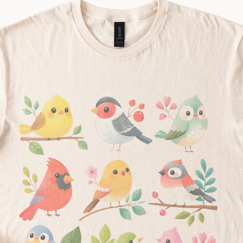 Watercolor Birds Graphic Tee Nature Illustration Whimsical Art